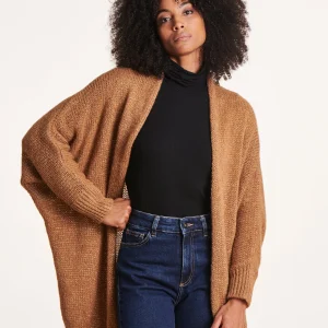 Gilet camel mi-long oversize en maille irisée