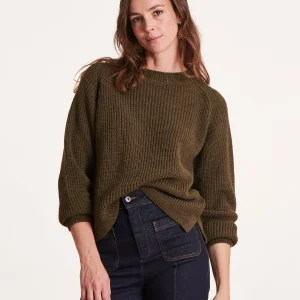 Pull kaki encolure ronde en maille côtes perlées