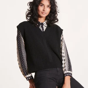 Pull noir sans manches en maille côtes perlées