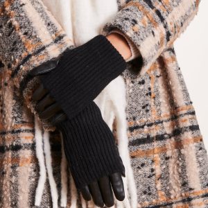 Gants noirs en laine et cuir