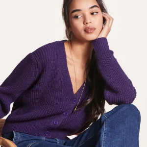 Gilet court violet en maille irisée col V