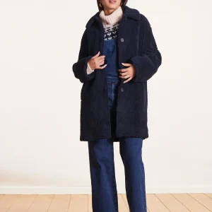 Manteau mi-long bleu marine col chemise