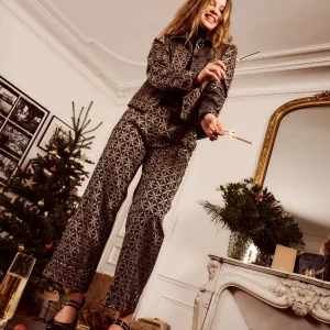 Pantalon droit 7/8ème en jacquard noir et doré