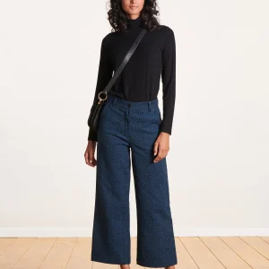 Pantalon large noir et bleu en jacquard