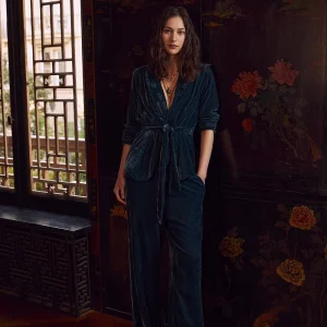 Pantalon bleu pétrole large en velours