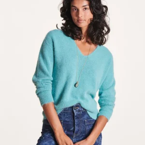 Pull vert menthe court col V en angora