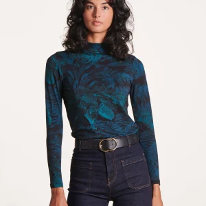 T-shirt imprimé noir et bleu col montant