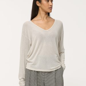 T-shirt beige irisé oversize à col V et manches longues