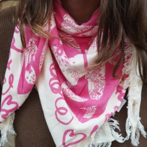 Foulard Bandana Lana Coeur Rose Ecru