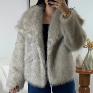 MANTEAU FAUSSE FOURRURE TAUPE PREMIUM