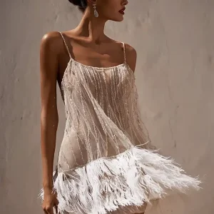 Mini Robe de Soirée Sequins Ourlet Franges