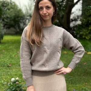 Pull en laine torsadé femme – pull ajouré femme 100% laine col rond beige kaki – Cozy