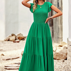 Robe Bohème Longue Verte Smockée