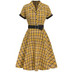Robe Écossaise Jaune À Carreaux Avec Ceinture Manches Courtes