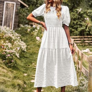 Robe Longue Bohème Smockée Blanche
