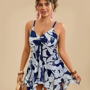 Robe Maillot de Bain Femme Bleu Imprimé Feuilles Blanches – CAROLINA