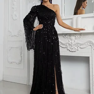 Robe de Soirée à Paillettes Longue Noire Asymétrique
