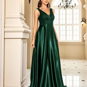 Robe de Soirée Longue en Satin et Bustier Sequins Verte