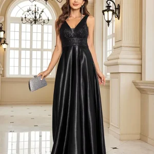 Robe de Soirée Longue en Satin et Bustier Sequins Noire