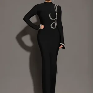 Robe Longue Bandage à Manches Longues et Sertie de Diamants