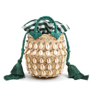 Sac Paille Naturelle Seau Cristaux et Coquillages Vert