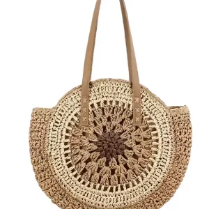 Sac Rond Paille Bohème Tissé avec Fermeture – Marron