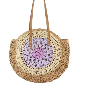 Sac Rond Paille Bohème Tissé avec Fermeture – Violet