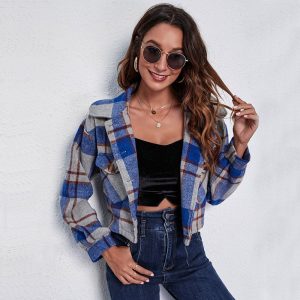 Veste à Carreaux Courte Bohème Bleue