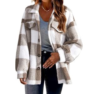 Veste Écossaise Col Rabattu À Boutons Blanc Et Gris