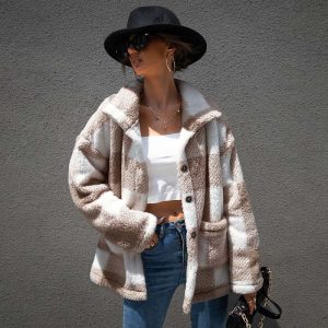 Veste à Carreaux Femme Laineuse Beige