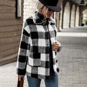 Veste à Carreaux Femme Laineuse Noire