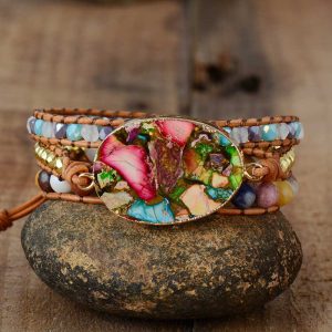 Bracelet Wrap Jaspe Multicolore Naturelle – 3 Rangs