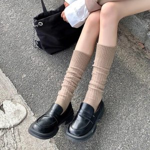 Chaussettes Hautes Femme Marron Côtelées