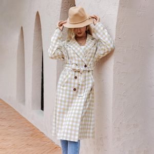 Manteau à Carreaux Long Femme Beige