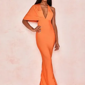 Robe Bandage Cocktail Longue Orange Col V Manche Drapée Asymétrique
