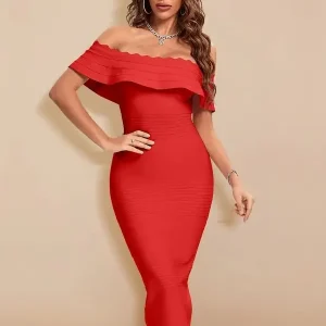 Robe Bandage Cocktail Midi Rouge Col Bardot Volants