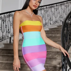Robe Bandage Courte Bustier Arc en Ciel