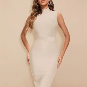 Robe Bandage Extensible Beige Midi Col Haut