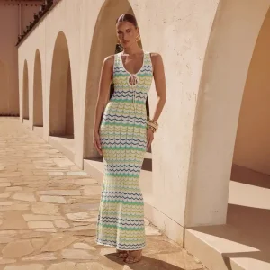 Robe Crochet Longue Dégradé Bleu et Vert Sans Manches