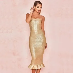 Robe de Soirée Bandage Midi Métal Doré, Bustier et Ourlet Volant