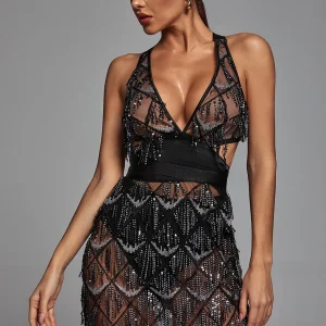 Robe de Soirée Courte Noire Franges Scintillantes et Dos Nu