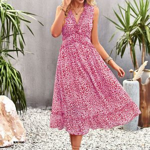 Robe Mi-Longue Bohème Col Froncé Rouge