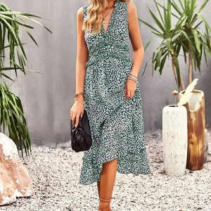 Robe Mi-Longue Bohème Col Froncé Verte