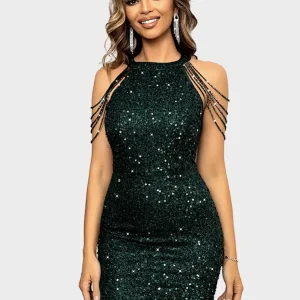 Robe de Soirée Courte Verte Sequins Col Licou