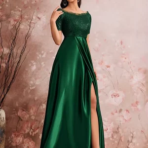 Robe de Soirée Longue Verte Fendue Satin & Sequin