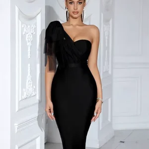 Robe de Soirée Midi Bandage Noir Asymétrique