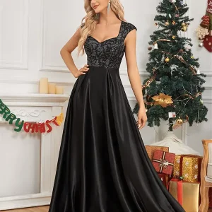 Robe de Soirée Longue Noire en Satin et Paillettes