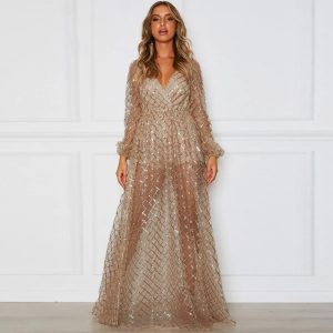Robe de Soirée Longue Transparente – Champagne