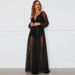 Robe de Soirée Longue Transparente – Noire