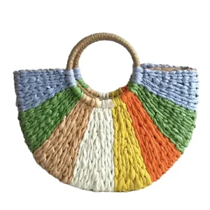 Sac Paille Demi-Lune Raphia Multicolore – Bleu